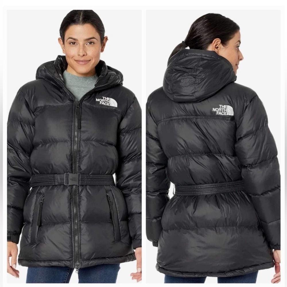 Women’s Black North Face Nuptse Belted mid-length jacket- size Medium